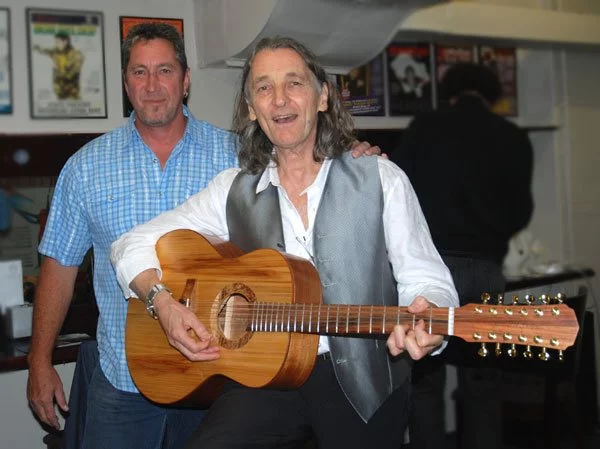 Photo: Glenn Bird and Roger Hodgson, back stage at the State Theatre Sydney, with Roger playing his new 12 string acoustic (GBSJ-12) from Glenn Bird Guitars - April 4, 2013